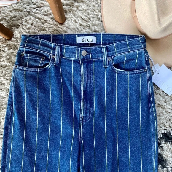 New Etica Finn Striped High Rise Straight Leg Cuffed Jeans - Picture 4 of 16
